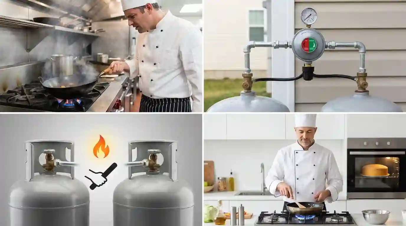 Solusi continuous cooking dapur komersial: Penerapan automatic changeover regulator (ACO) untuk memindahkan aliran gas otomatis tanpa mematikan api kompor saat tabung habis.